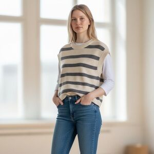 Zara Cream and Gray Striped Sweater